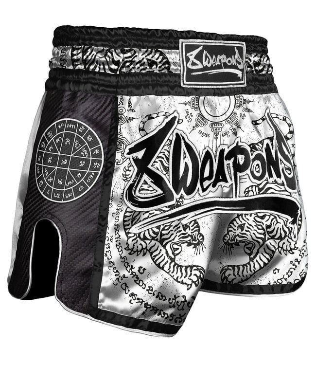 8 Weapons 8 Weapons Muay Thai Short Carbon Sak Yant Tigers White