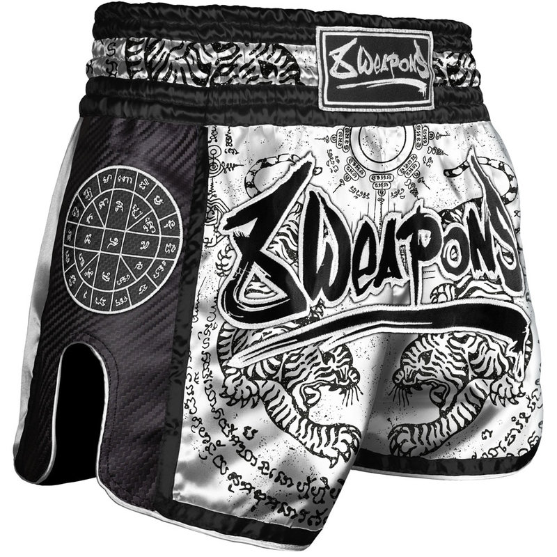 8 Weapons 8 Wapens Muay Thai Short Carbon Sak Yant Tigers White