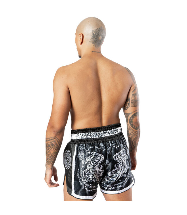 8 Weapons Muay Thai Short Carbon Sak Yant Tigers Black
