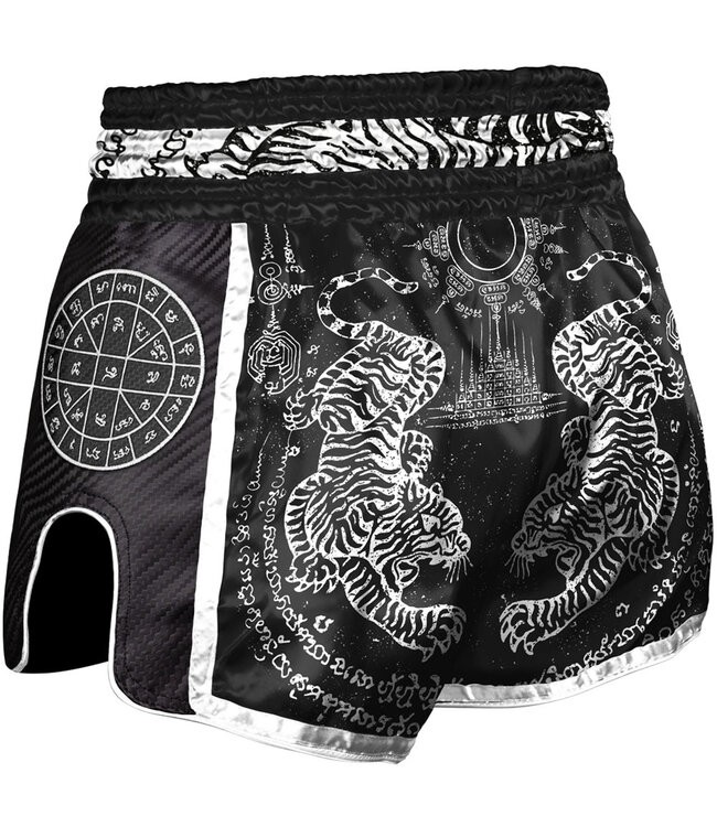 8 Weapons Muay Thai Short Carbon Sak Yant Tigers Black