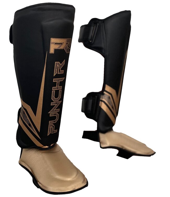 PunchR™ Electric Muay Thai Kickboks Scheenbeschermers Zwart Goud Microfiber