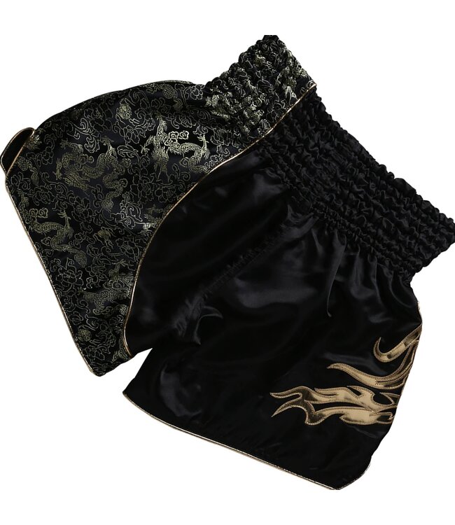 Fluory Dragon Muay Thai Short Kickboks Broek Zwart Goud – Licht, Stoer & Perfect voor Explosieve Kicks
