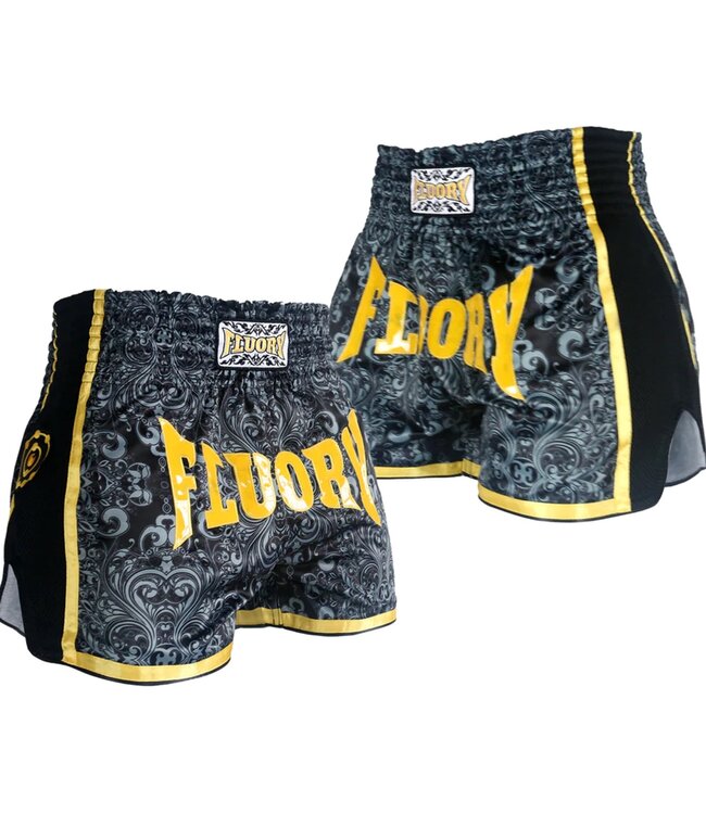 Fluory Muay Thai Short Kickboks Broek Zwart Geel MTSF29