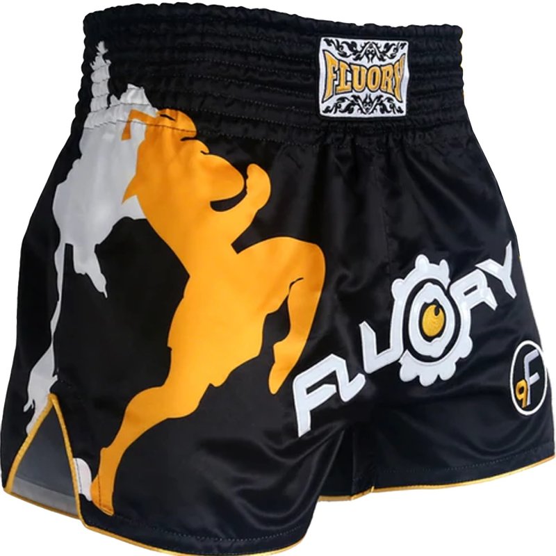 Fluory Muay Thai Short Kickboks Broek Zwart Geel MTSF33