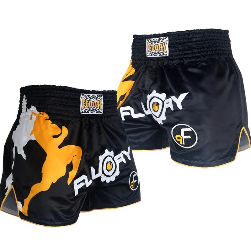 Fluory Muay Thai Short Kickboks Broek Zwart Geel MTSF33