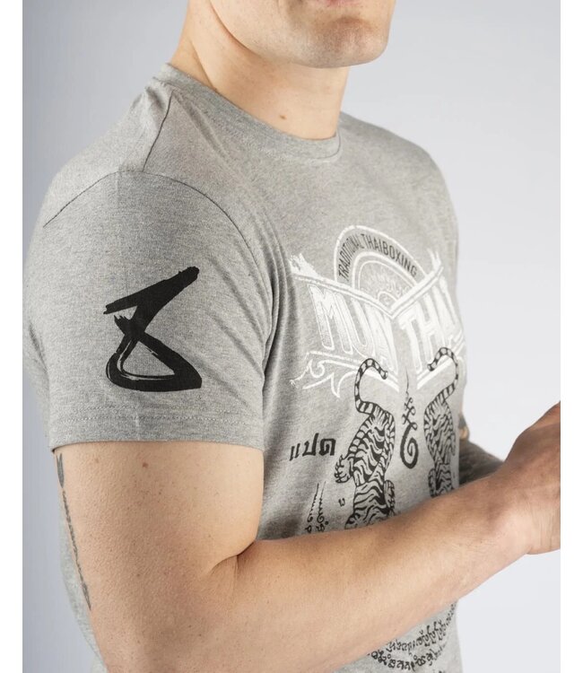 8 Weapons T Shirt Sak Yant Tigers Grey White