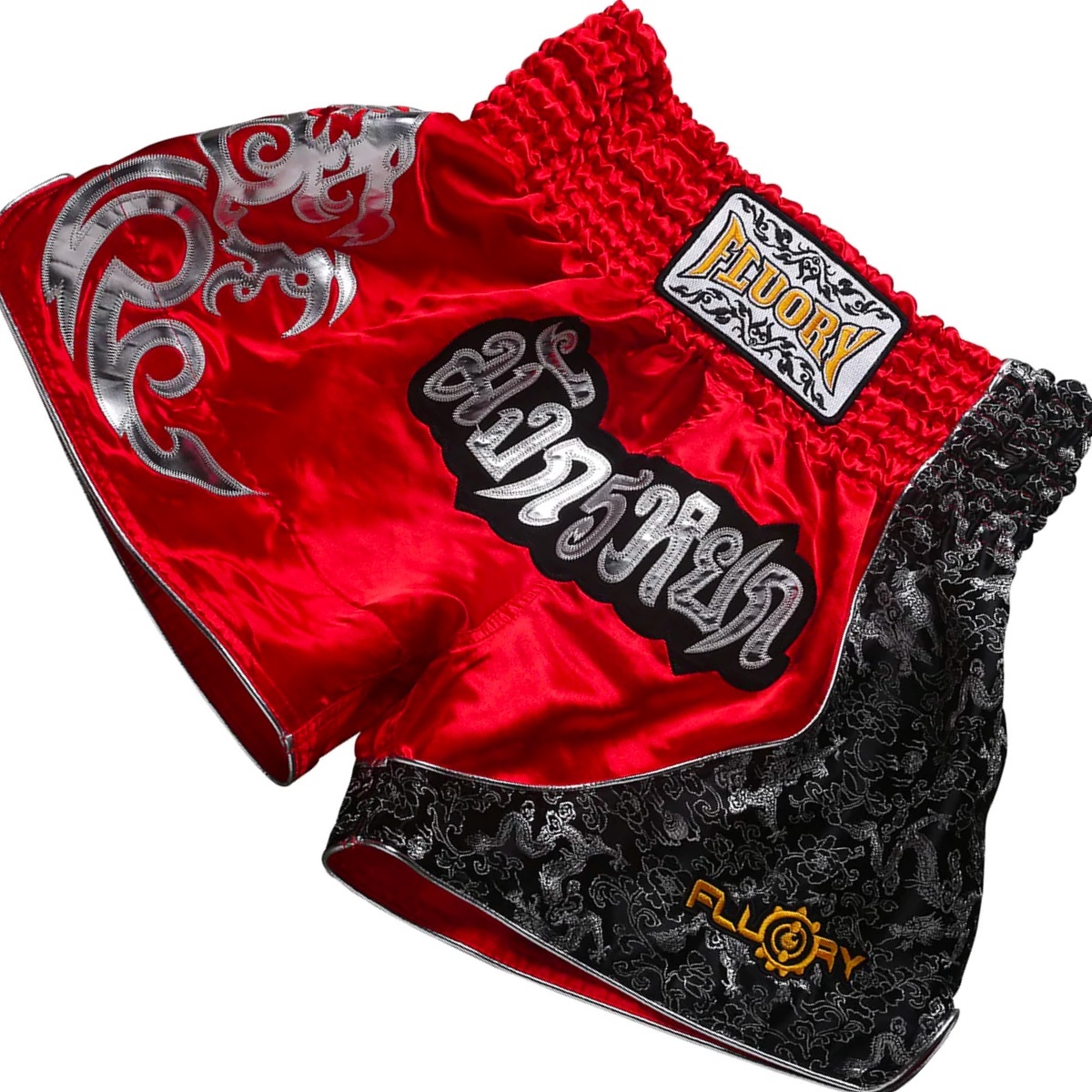 Fluory Muay Thai Shorts Kickboxhose Rot Silber MTSF15 - Fightwear Shop