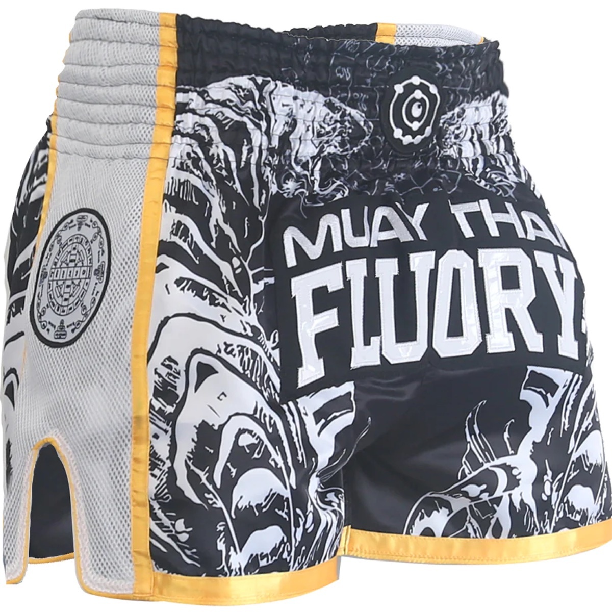Fluory Sak Yant Tiger Muay Thai Shorts Black Gold MTSF66 FIGHTWEAR SHOP EUROPE