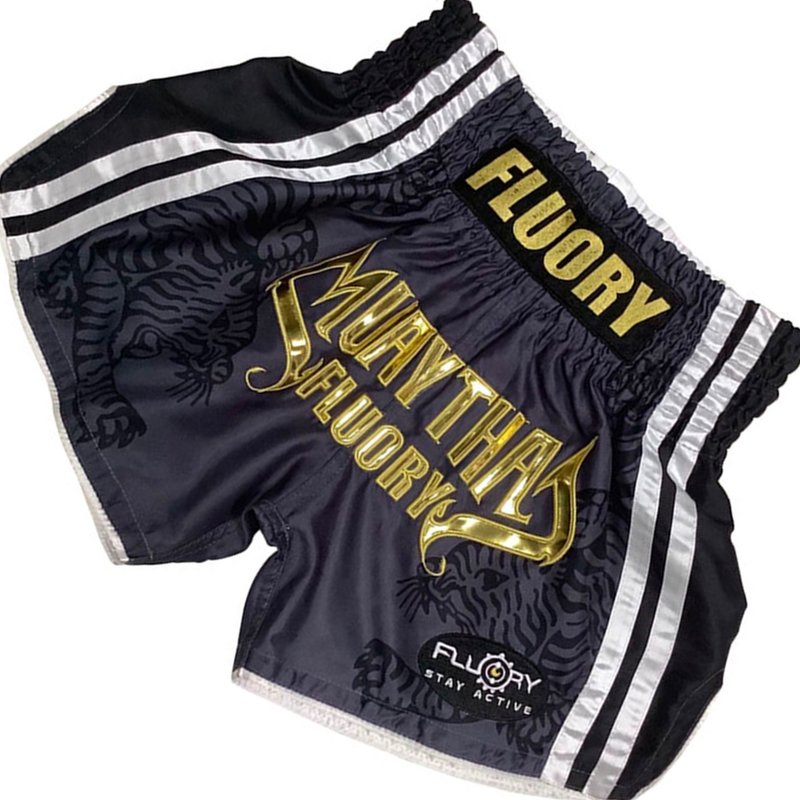 Fluory Fluory Sak Yant Tiger Muay Thai Shorts Grau Gold MTSF98