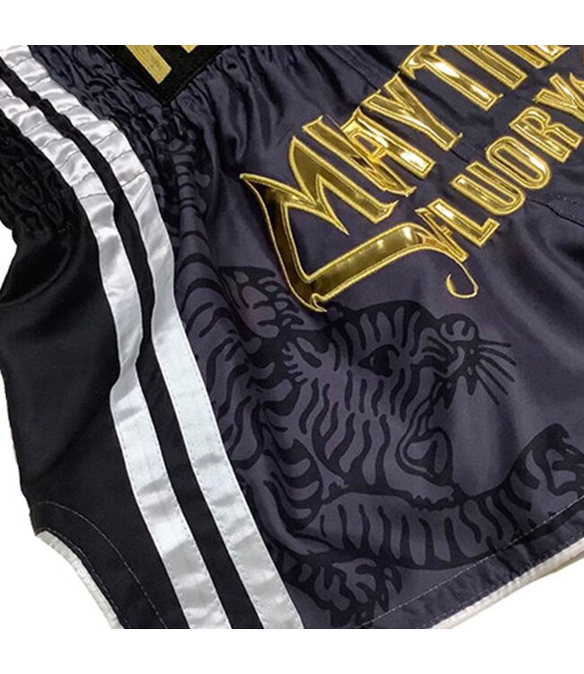 Fluory Sak Yant Tiger Muay Thai Shorts Grey Gold MTSF98