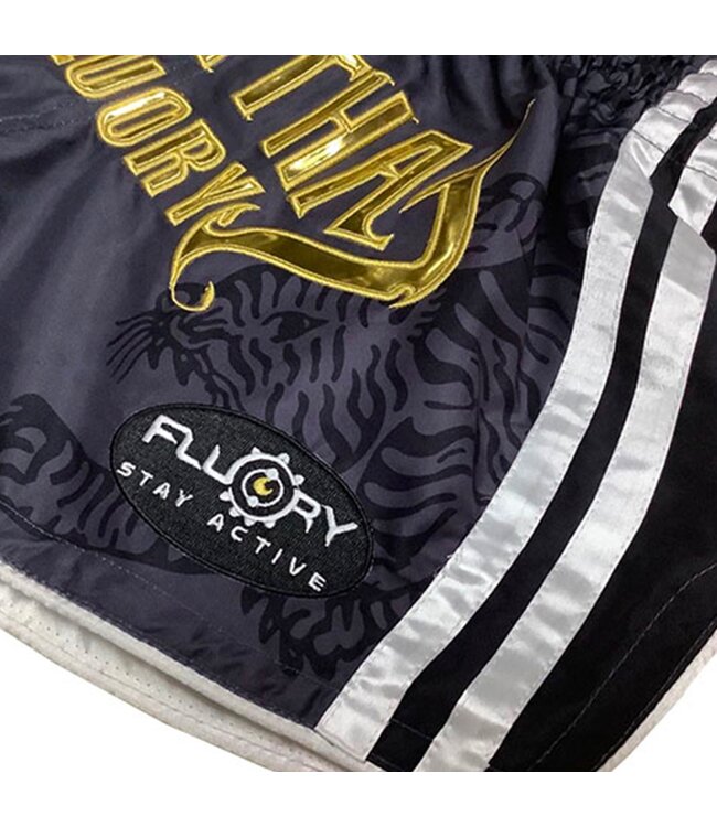 Fluory Sak Yant Tiger Muay Thai Shorts Grau Gold MTSF98