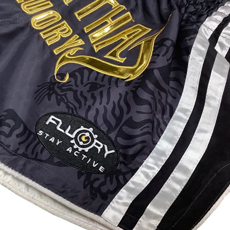 Fluory Fluory Sak Yant Tiger Muay Thai Shorts Grau Gold MTSF98