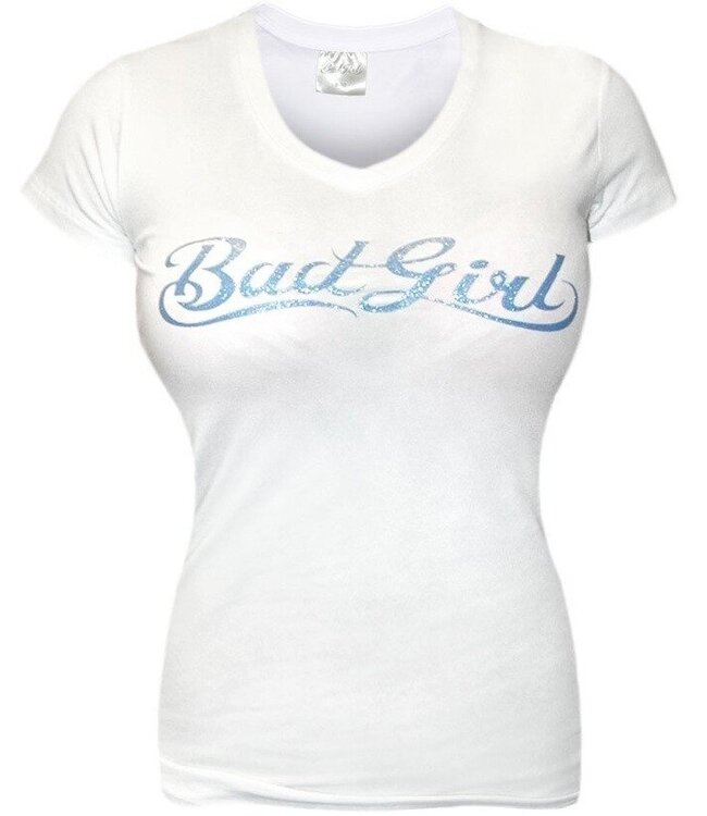 Bad Girl T-Shirt mit V-Ausschnitt Weiß Blau