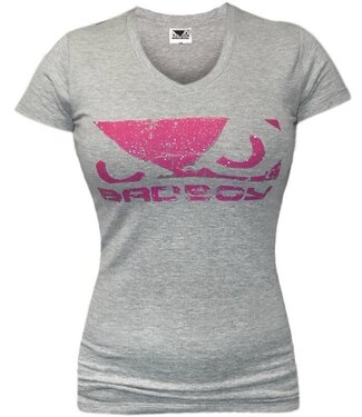 Bad Boy Logo Dames T-shirt met V-hals Grijs Roze