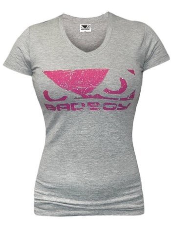 Bad Girl Bad Boy Logo Dames T-shirt met V-hals Grijs Roze
