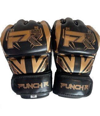 PunchR™  PunchR™ Electric MMA Handschoenen 4 OZ PU Zwart Goud PunchR™  PunchR™ Electric MMA Handschoenen 4 OZ PU Zwart Goud