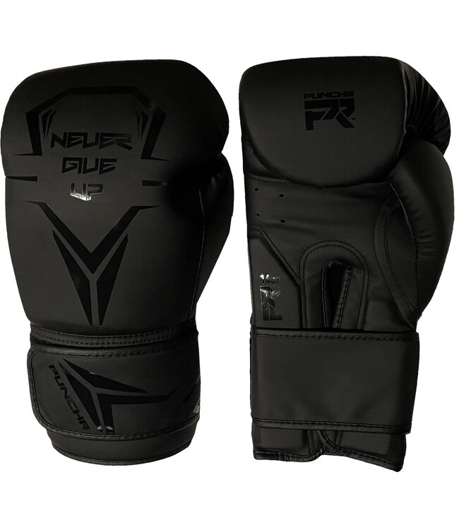 PunchR™ "Never Give Up" Boxing Gloves Black on Black