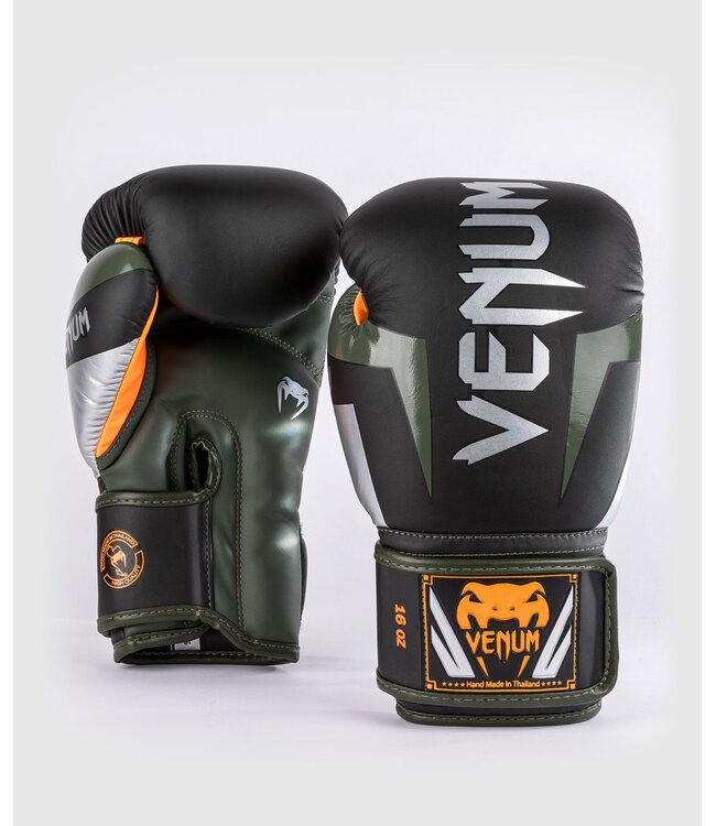 Venum Elite Boxhandschuhe - Schwarz/Silber/Khaki | Für Boxen, Kickboxen und Muay‑Thai