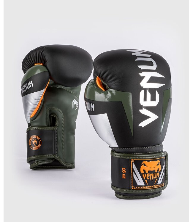 Venum Elite Boxhandschuhe - Schwarz/Silber/Khaki | Für Boxen, Kickboxen und Muay‑Thai