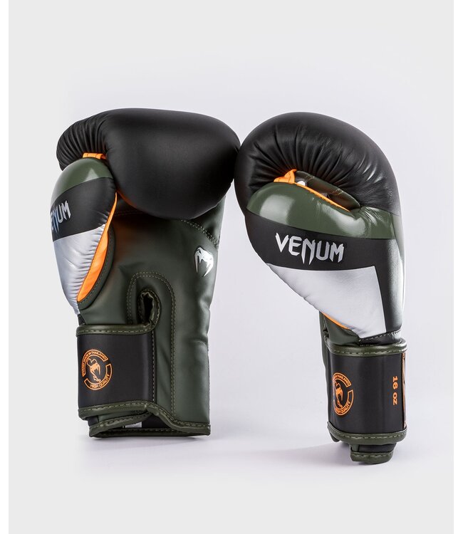 Venum Elite Boxhandschuhe - Schwarz/Silber/Khaki | Für Boxen, Kickboxen und Muay‑Thai