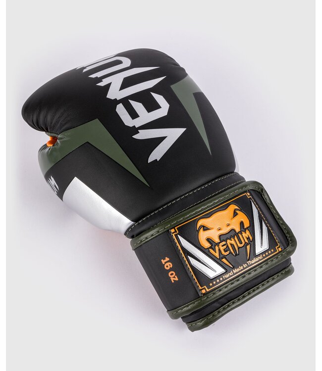 Venum Elite Boxhandschuhe - Schwarz/Silber/Khaki | Für Boxen, Kickboxen und Muay‑Thai