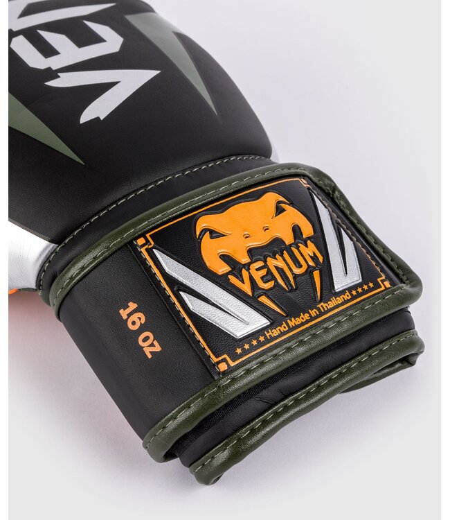 Venum Elite Boxhandschuhe - Schwarz/Silber/Khaki | Für Boxen, Kickboxen und Muay‑Thai