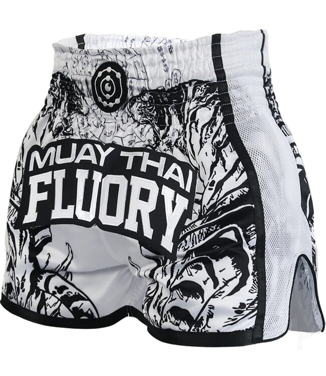 Fluory Sak Yant Tiger Muay Thai Shorts White Black MTSF66