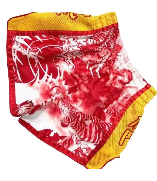 Fluoreszierende Muay Thai Shorts Tiger vs. Dragon Rot Gelb MTSF113