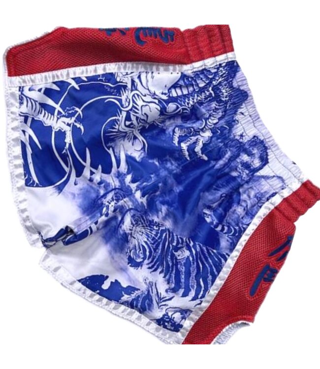 Fluory Muay Thai Shorts Tiger vs Dragon Blau Rot MTSF113