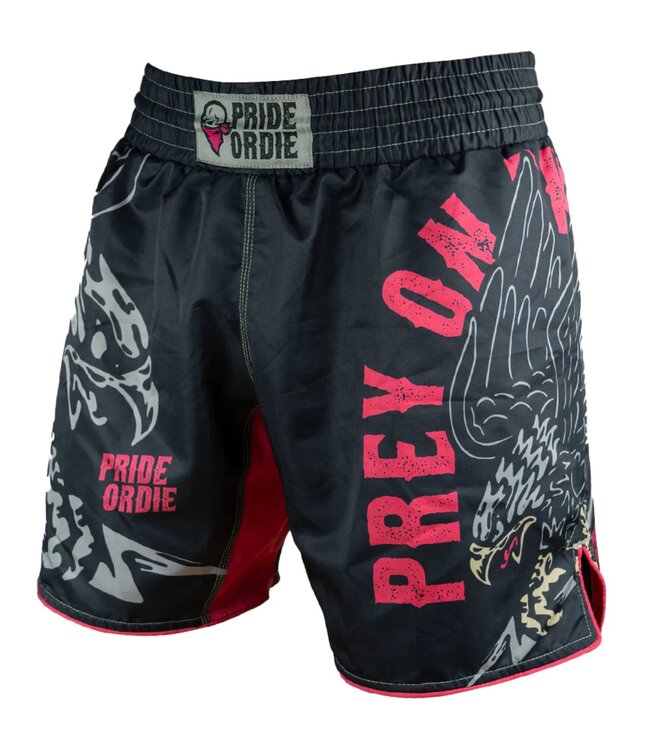 PRiDE of DiE Fightshorts Prey on the Strong Black Red