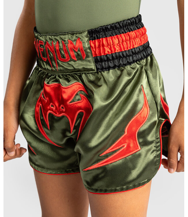 Venum Inferno Kids Kickboxing Muay Thai Shorts Army Green Orange