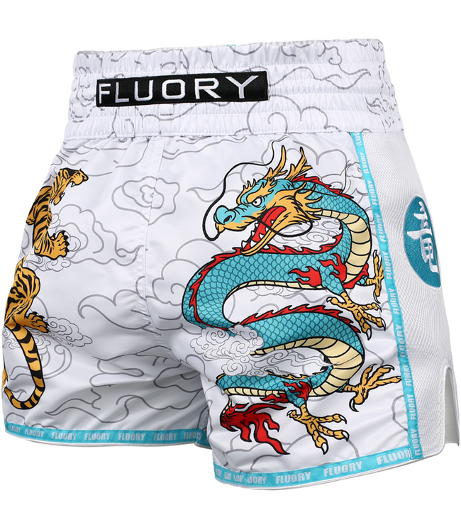 Fluory Muay Thai Shorts Dragon vs Tiger Weiß