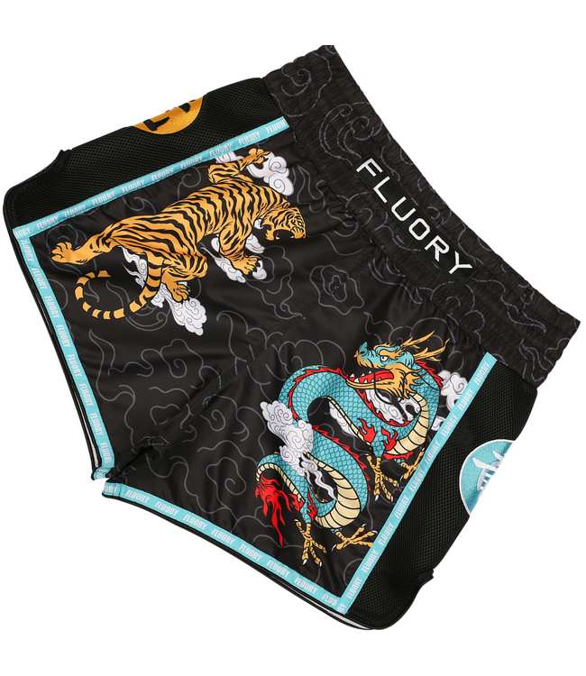 Fluory Muay Thai Shorts Dragon vs Tiger Schwarz