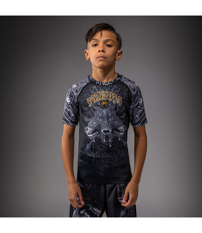Venum Wolf Atak Kinder Kurzarm-Rashguard - Schwarz/Grau