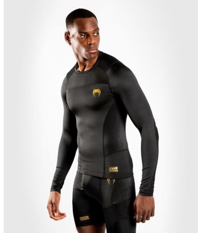 Venum G‑Fit Rashguard Lange Mouwen – Compression Shirt – Zwart/Goud – Premium MMA & BJJ Trainingstop