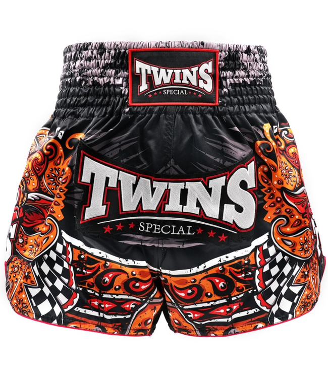 Twins Special BARONG Muay Thai Shorts – Handcrafted Satin – Black/Orange