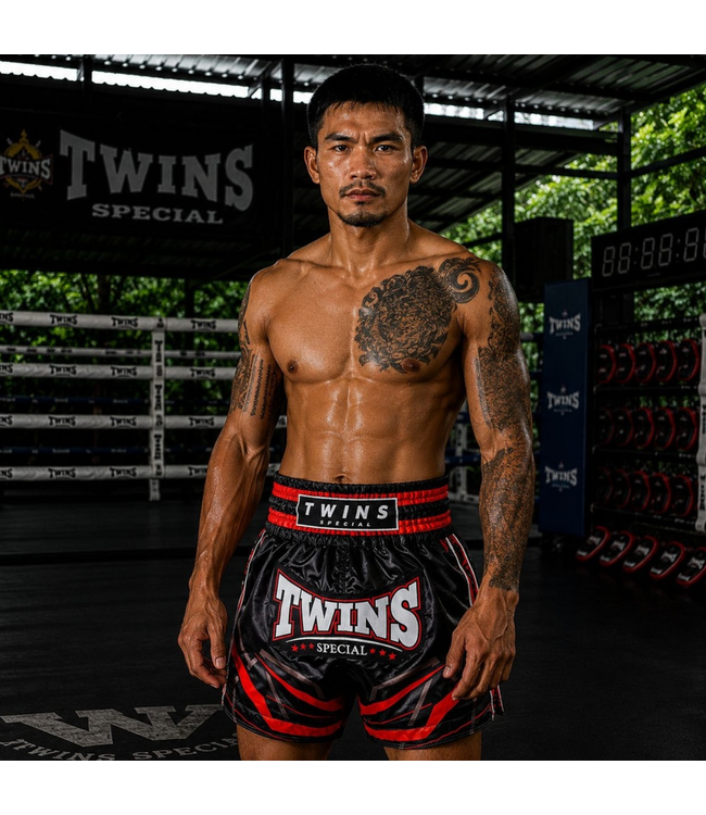 Twins Special TTBL Racing Muay Thai Shorts – Handcrafted Satin – Black/Red