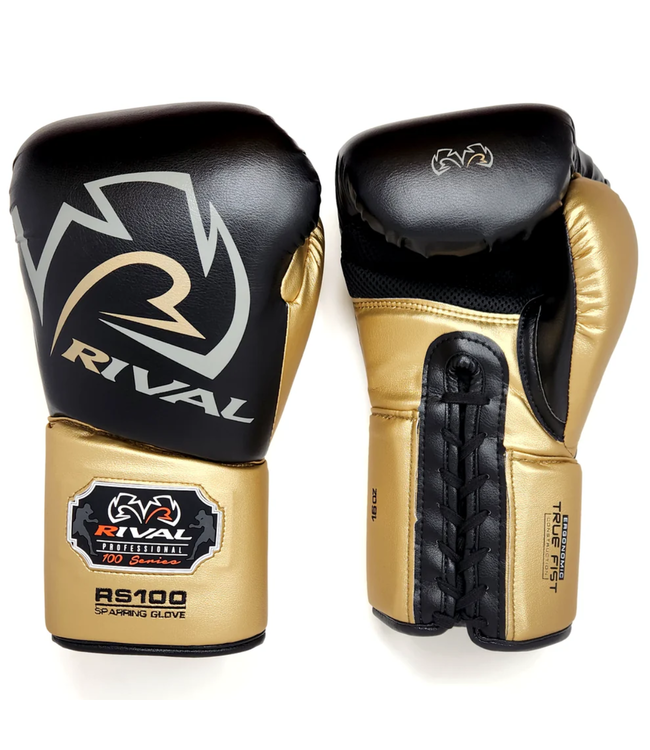 Rival RS100 Professional Sparring Boxing Gloves – Multi‑Layer Foam – Wrist Lock 2™ – Black/Gold