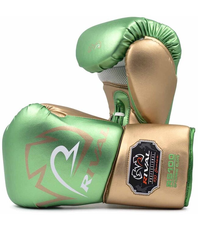 Rival RS100 Professional Sparring Boxing Gloves – Multi‑Layer Foam – Wrist Lock 2™ – Green/Gold