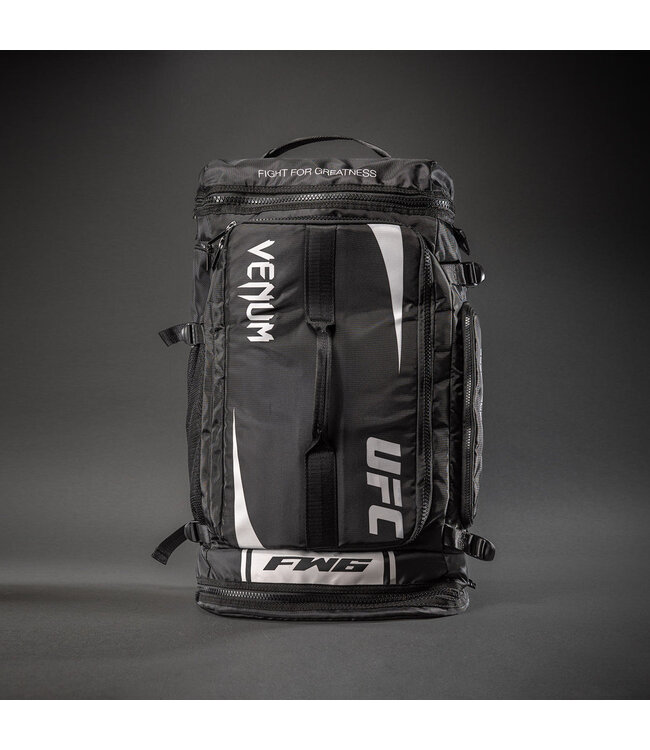 UFC Unity by Venum Fight Week sports bag with backpack‑duffel design – Black/White