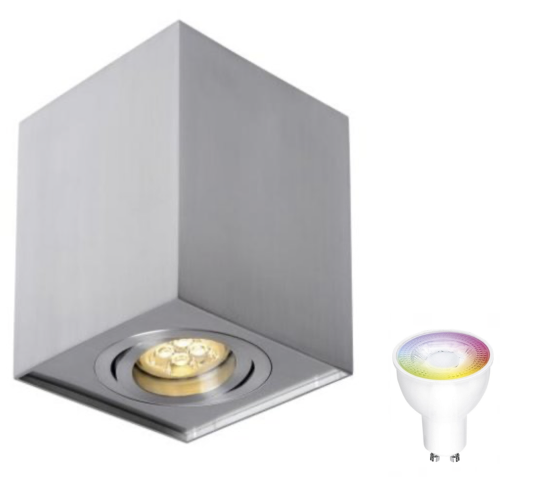 Spectrum WiFi LED loftspot - Kube firkantet - Sølv aluminium - med GU10 fatning - vipbar - Styring med app for Android og iOS