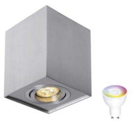 Spectrum WiFi LED loftspot - Kube firkantet - Sølv aluminium - med GU10 fatning - vipbar - Styring med app for Android og iOS