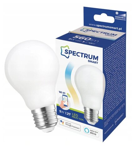 Spectrum Wifi LED-lampe E27 - A60 glødetråd - 5W erstatter 50W CCT 2700K-6400K lys - Styring med app for Android og iOS Spectrum Wifi LED-lampe E27 - A60 glødetråd - 5W erstatter 50W CCT 2700K-6400K lys - Styring med app for Android og iOS