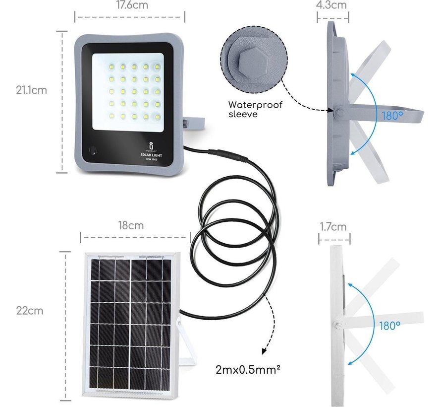 Solar Projektørlampe 10XHP IP65 - 30W - 6500K - med fjernbetjening