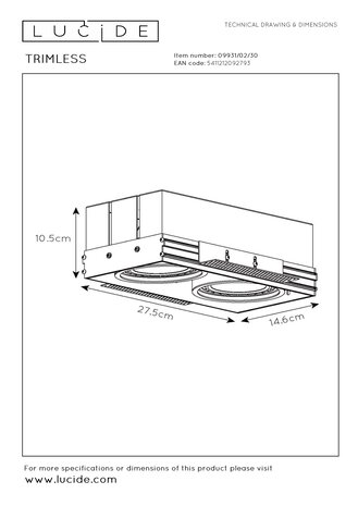 Lucide LED AR111 GU10  forsænket spot sort TRIMLESS - 2x GU10 fatning- 230V maks. 2x 50W