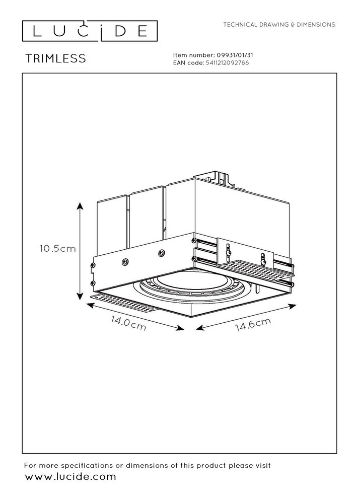 Lucide LED AR111 GU10 forsænket spot hvid TRIMLESS - 1x GU10 fatning- 230V maks. 50W