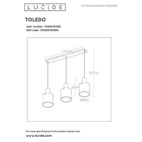 Lucide LED hængelampe TOLEDO kobber - 3x E27 armatur - Amber Lucide LED hængelampe TOLEDO kobber - 3x E27 armatur - Amber