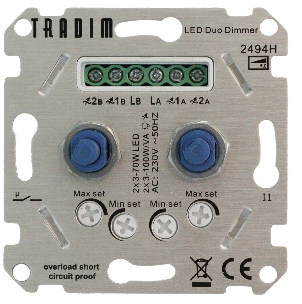 Tradim LED Dimmer DUO indbygget - 3-100W - Faseafbrydelse - Hotel switch funktion Tradim LED Dimmer DUO indbygget - 3-100W - Faseafbrydelse - Hotel switch funktion