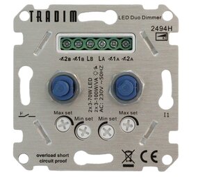 Tradim LED Dimmer DUO indbygget - 3-100W - Faseafbrydelse - Hotel switch funktion Tradim LED Dimmer DUO indbygget - 3-100W - Faseafbrydelse - Hotel switch funktion