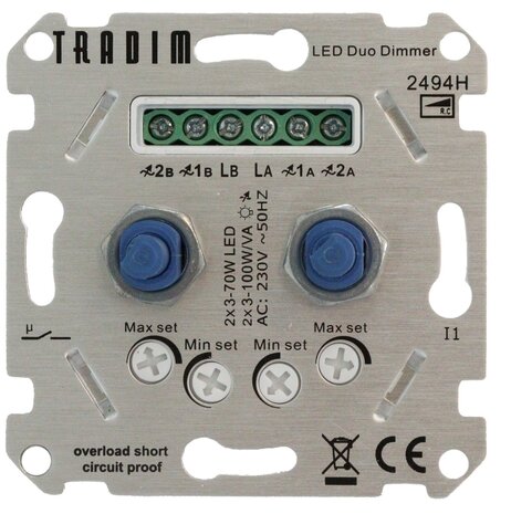 Tradim LED Dimmer DUO indbygget - 3-100W - Faseafbrydelse - Hotel switch funktion Tradim LED Dimmer DUO indbygget - 3-100W - Faseafbrydelse - Hotel switch funktion